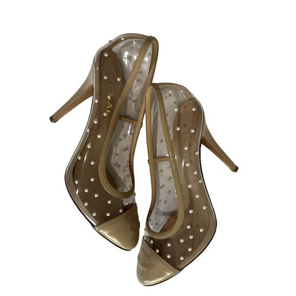 CHANEL PVC Cap Toe Pearl Pumps in Tan - Picture 1 of 6